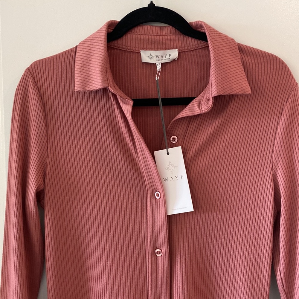 Wayf Ribbed Button-Up Mini Shirt Dress in Mauve NWT - Picture 3 of 5
